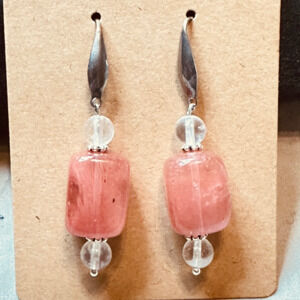 Stainless Steel Wide Hook Earrings Cherry Quartz & Clear Quartz Handmade